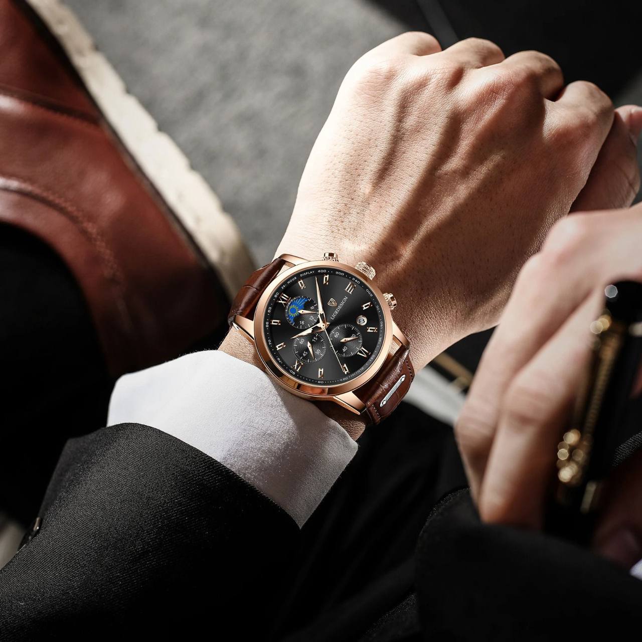 LIGE LG877A CHRONOGRAPH BROWN WHITE BLACK WHITEBROWN BLACK BATTERY POWERED CHRONOGRAPH MOVEMENT STAINLESS STEEL DATE DISPLAY MOON PHASE FUNCTION ORDER AND ENQUIRIES