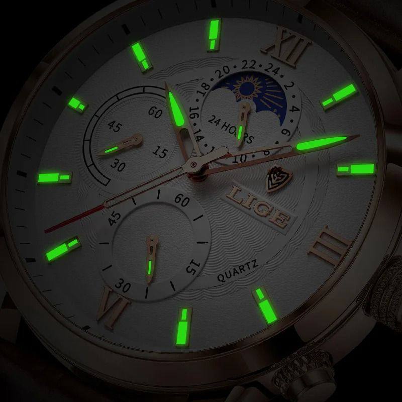 LIGE LG877A CHRONOGRAPH BROWN WHITE BLACK WHITEBROWN BLACK BATTERY POWERED CHRONOGRAPH MOVEMENT STAINLESS STEEL DATE DISPLAY MOON PHASE FUNCTION ORDER AND ENQUIRIES