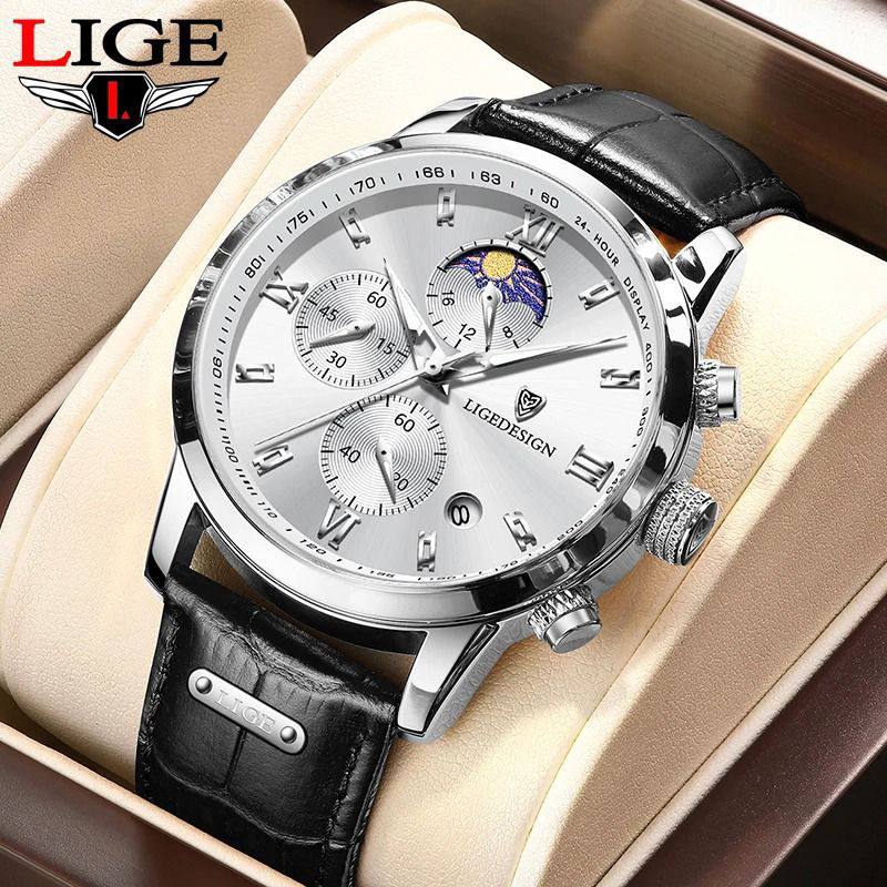 LIGE LG877A CHRONOGRAPH BROWN WHITE BLACK WHITEBROWN BLACK BATTERY POWERED CHRONOGRAPH MOVEMENT STAINLESS STEEL DATE DISPLAY MOON PHASE FUNCTION ORDER AND ENQUIRIES