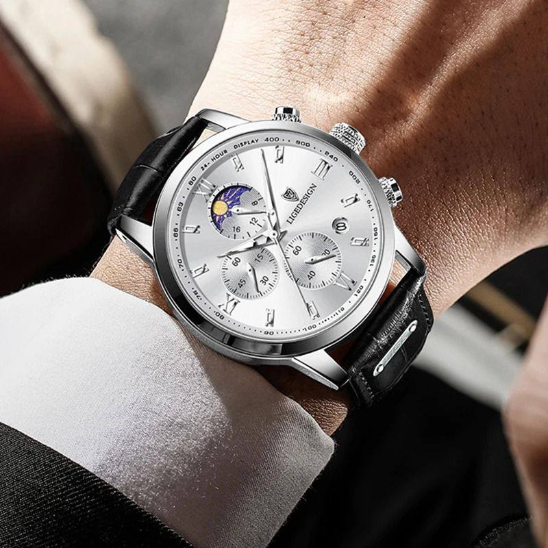 LIGE LG877A CHRONOGRAPH BROWN WHITE BLACK WHITEBROWN BLACK BATTERY POWERED CHRONOGRAPH MOVEMENT STAINLESS STEEL DATE DISPLAY MOON PHASE FUNCTION ORDER AND ENQUIRIES