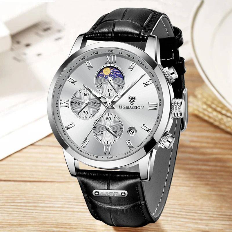 LIGE LG877A CHRONOGRAPH BROWN WHITE BLACK WHITEBROWN BLACK BATTERY POWERED CHRONOGRAPH MOVEMENT STAINLESS STEEL DATE DISPLAY MOON PHASE FUNCTION ORDER AND ENQUIRIES