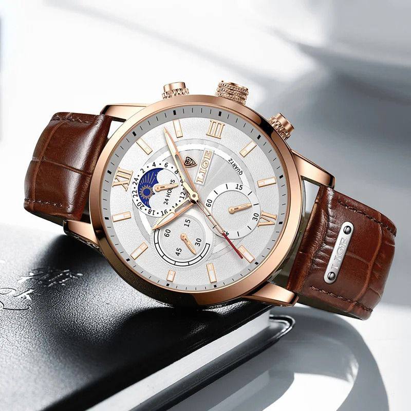 LIGE LG877A CHRONOGRAPH BROWN WHITE BLACK WHITEBROWN BLACK BATTERY POWERED CHRONOGRAPH MOVEMENT STAINLESS STEEL DATE DISPLAY MOON PHASE FUNCTION ORDER AND ENQUIRIES