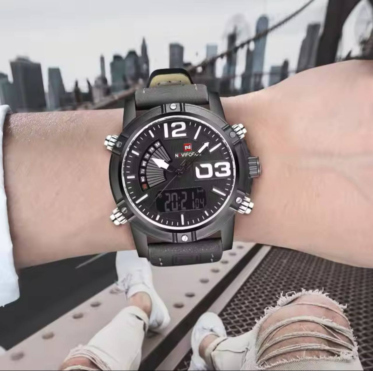 NAVIFORCE GENTS WATCH #NF 9095 ANALOGUE AND DIGITAL DISPLAY LIGHT BUTTON WATER RESISTANT BATTERY POWERED LEATHER STRAP ENQUIRIES