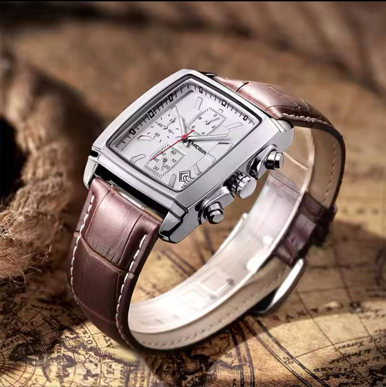 MEGIR LEATHER DATE DISPLAY BATTERY POWERED CHRONOGRAPH MOVEMENT LUMINOUS ARMS LEATHER STRAP AND ENQUIRIES 0712975996