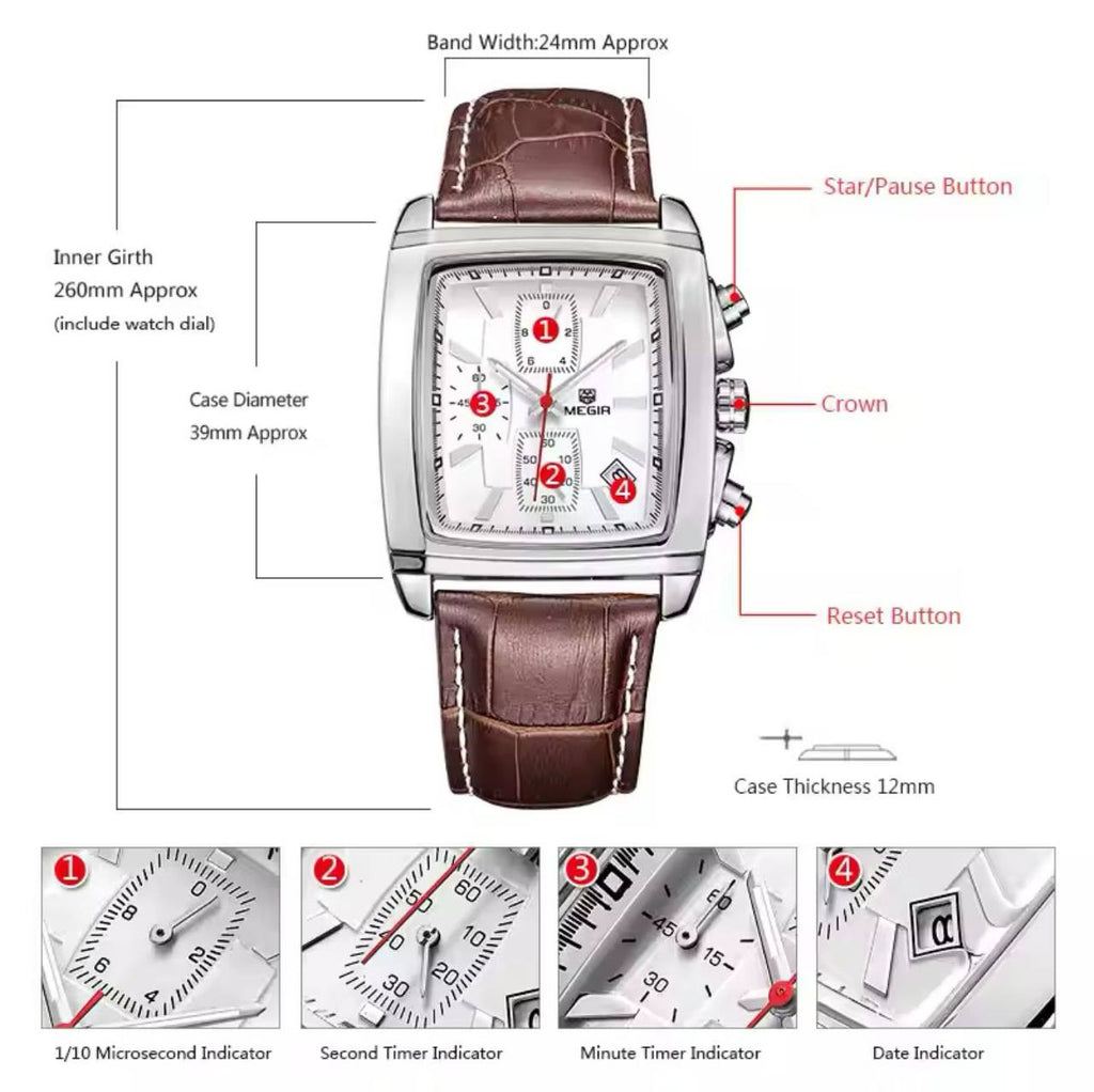 MEGIR LEATHER DATE DISPLAY BATTERY POWERED CHRONOGRAPH MOVEMENT LUMINOUS ARMS LEATHER STRAP AND ENQUIRIES 0712975996