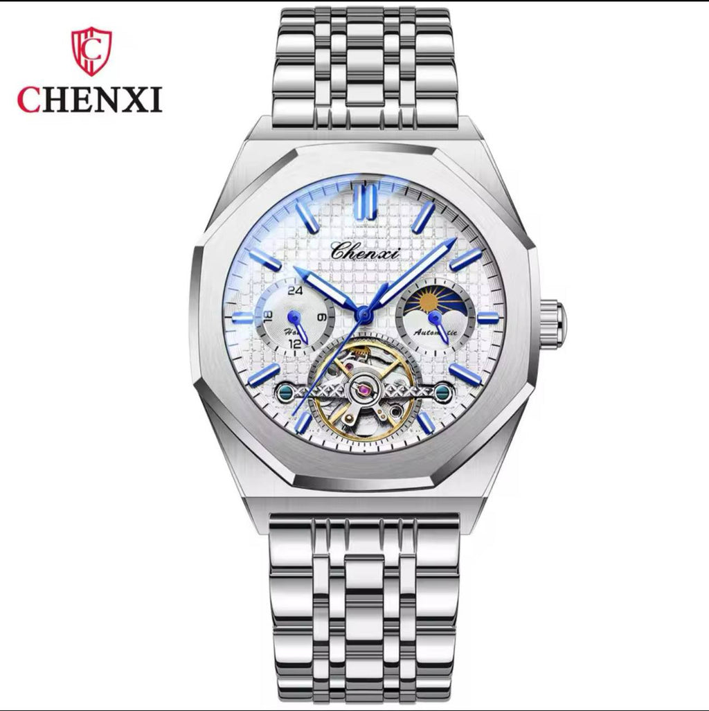CHENXI AUTOMATIC MOONPHASE TOURBILLION MACHINE FULL CHRONOGRAPH HEAVY STAINLESS STEEL WATER RESISTANT AND ENQUIRIES