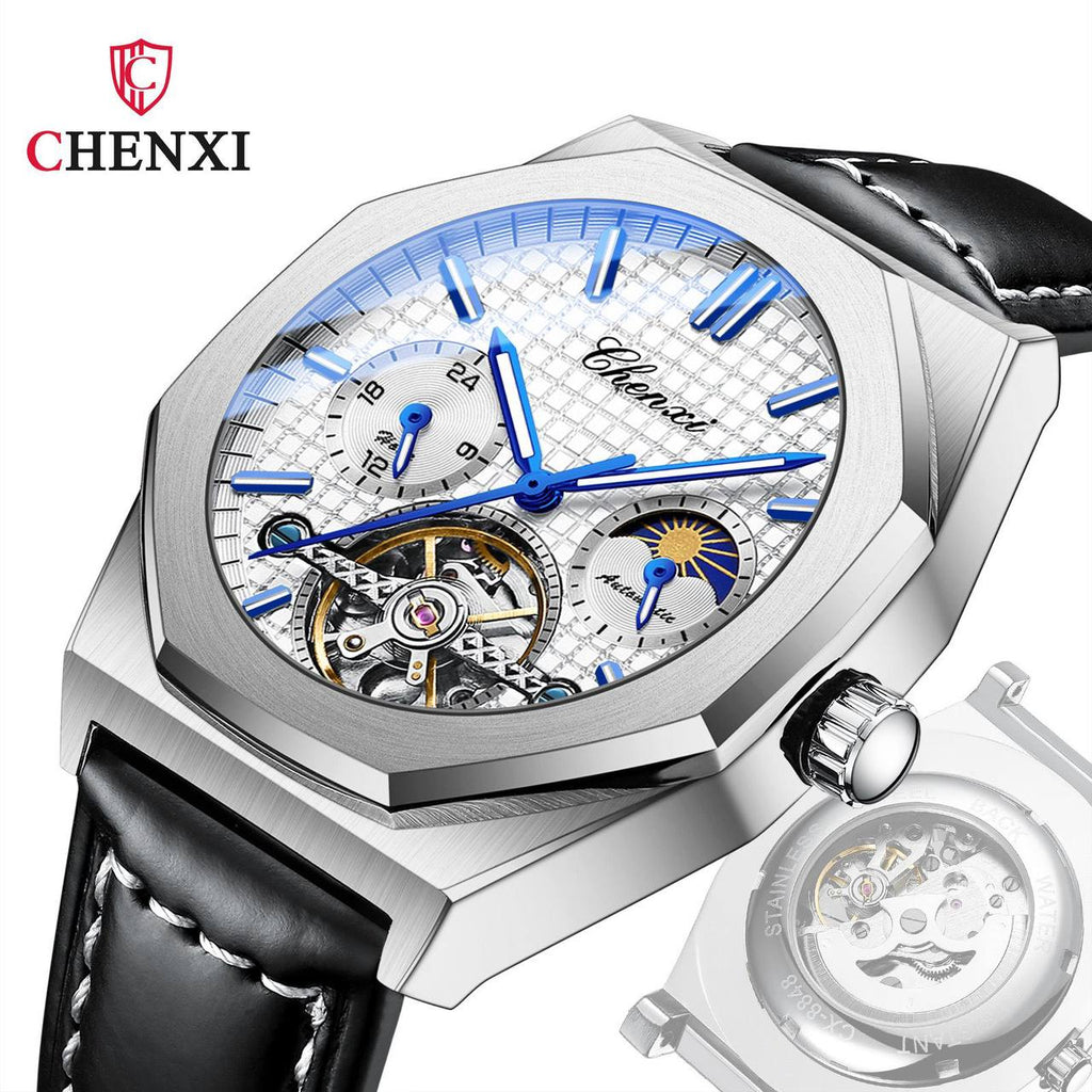 CHENXI AUTOMATIC MOONPHASE TOURBILLION MACHINE FULL CHRONOGRAPH LEATHER STRAP WATER RESISTANT AND ENQUIRIES