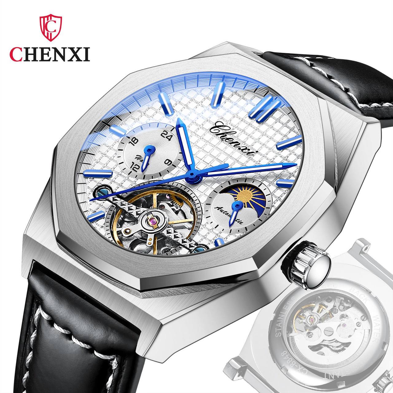 CHENXI AUTOMATIC MOONPHASE TOURBILLION MACHINE FULL CHRONOGRAPH LEATHER STRAP WATER RESISTANT AND ENQUIRIES