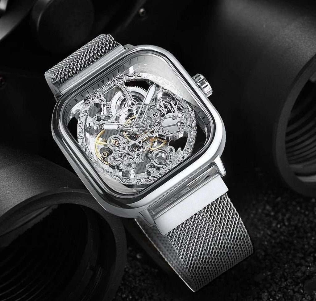 FORSINING AUTOMATIC SKELETON WATCH GOLD BLACK-SILVER BLACK-GOLD SILVER MESH STRAP WATER RESISTANT STAINLESS STEEL AUTOMATIC MOVEMENT COMES A FREE GIFT BOX ENQUIRIES