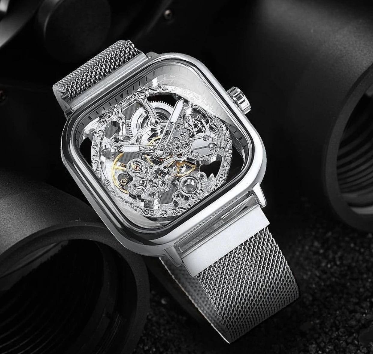 FORSINING AUTOMATIC SKELETON WATCH GOLD BLACK-SILVER BLACK-GOLD SILVER MESH STRAP WATER RESISTANT STAINLESS STEEL AUTOMATIC MOVEMENT COMES A FREE GIFT BOX ENQUIRIES