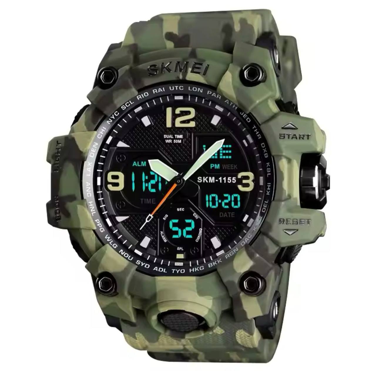 SKMEI 1155B CAMOUFLAGE 5ATM WATER RESISTANT LCD DIGITAL DISPLAY LIGHT BUTTON TIMER &ALARM TOUGH RUBBER MATERIAL CHRONOGRAPH SPORT WATCH AND ENQUIRIES