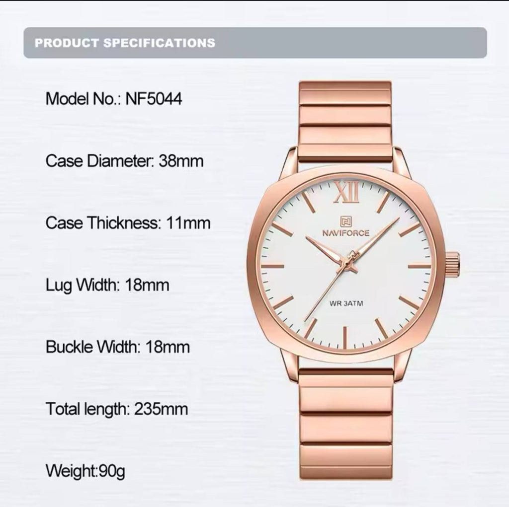 NAVIFORCE NF 5044 WATER RESISTANT 3ATM STAINLESS STEEL QUARTZ MOVEMENT DIAMETER 38MM ORDER AND ENQUIRIES