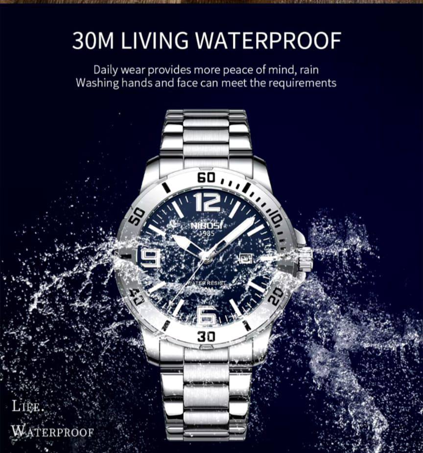 NIBOSI WATCHES DATE DISPLAY WATER RESISTANT BATTERY POWERED STAINLESS STEEL ENQUIRIES