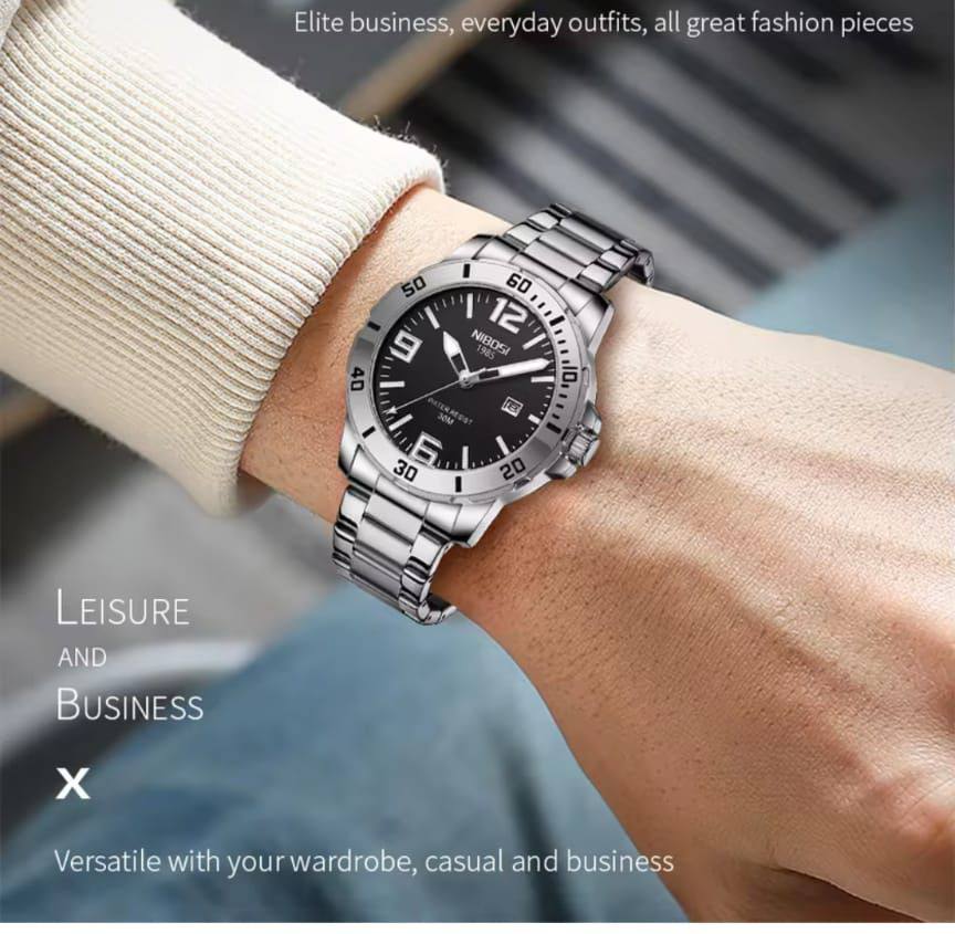 NIBOSI WATCHES DATE DISPLAY WATER RESISTANT BATTERY POWERED STAINLESS STEEL ENQUIRIES
