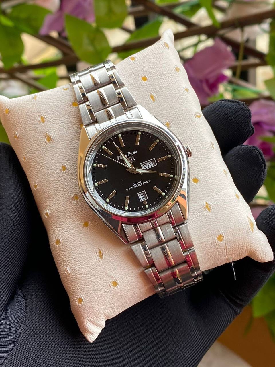 PHILIP PERSIO MEN WATCH DAY&DATE DISPLAY WATERPROOF BATTERY POWERED STRONG LUMINOUS DISPLAY TWO-TONE SILVER AND ENQUIRIES