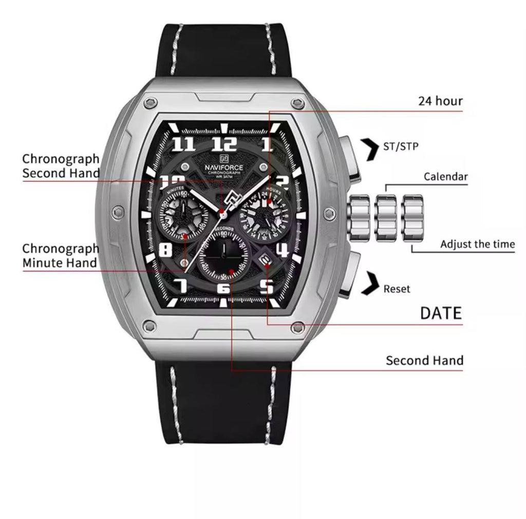 NAVIFORCE GENTS WATCH #NF 8053 CHRONOGRAPH DATE DISPLAY WATER RESISTANT BATTERY POWERED LEATHER STRAP ENQUIRIES