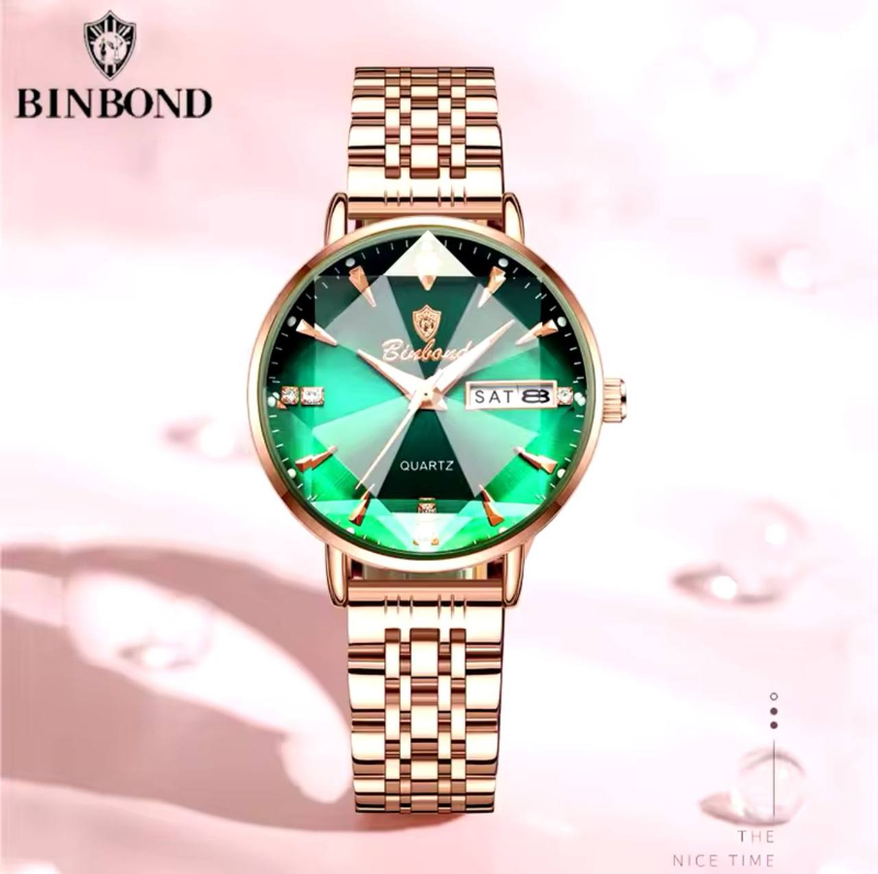 BINBOND LADIES WATER RESISTANT BATTERY POWERED NON FADE STEEL POLISH DAY AND DATE DISPLAY AND ENQUIRIES