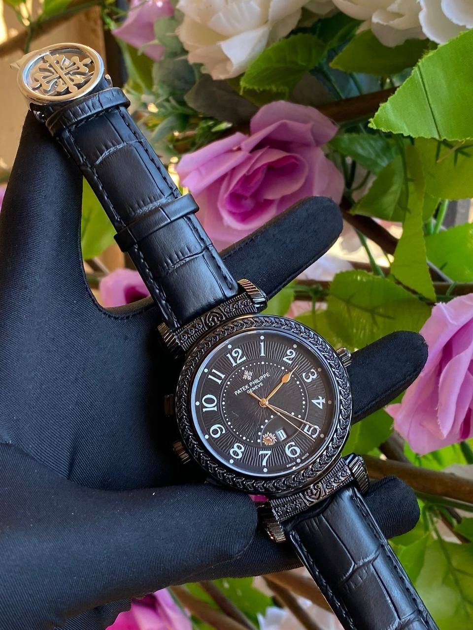 DOUBLE SIDED PATEK PHILLIPE GENTS WATCH DATE DISPLAY POLISHED LEATHER STRAP CHRONOGRAPH WATER RESISTANT BATTERY POWERED ENQUIRIES AND