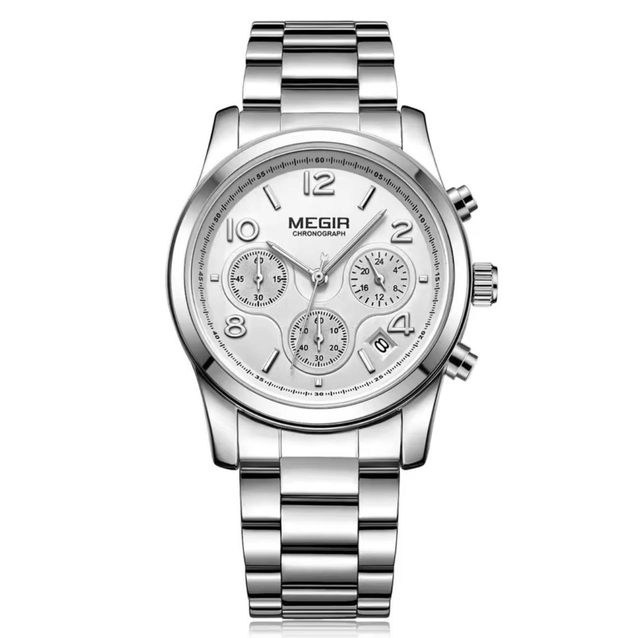 MEGIR CHRONOGRAPH WATCH FULL CHRONOGRAPH DATE DISPLAY NON FADE STAINLESS STEEL FINISH WATER RESISTANT AND ENQUIRIES