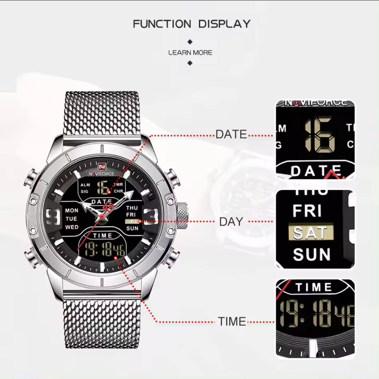 NAVIFORCE GENTS WATCH #NF 9153 ANALOGUE & DIGITAL DISPLAY LIGHT BUTTON WATER RESISTANT BATTERY POWERED AND ENQUIRIES