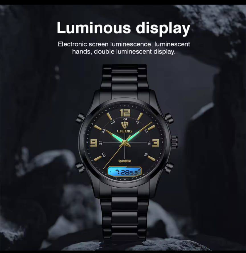 LIEBEG WATCHES DUAL WATCH WATER RESISTANT BATTERY POWERED STAINLESS STEEL ANALOG AND DIGITAL DISPLAY COMES A LIEBEG BRANDED BOX ENQUIRIES