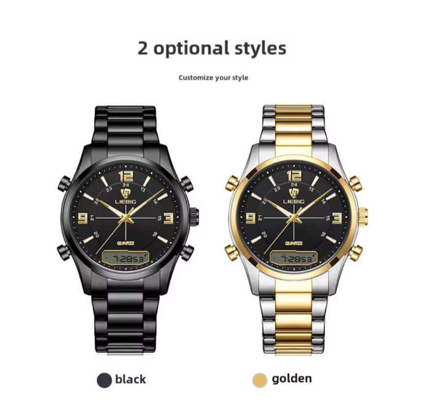 LIEBEG WATCHES DUAL WATCH WATER RESISTANT BATTERY POWERED STAINLESS STEEL ANALOG AND DIGITAL DISPLAY COMES A LIEBEG BRANDED BOX ENQUIRIES