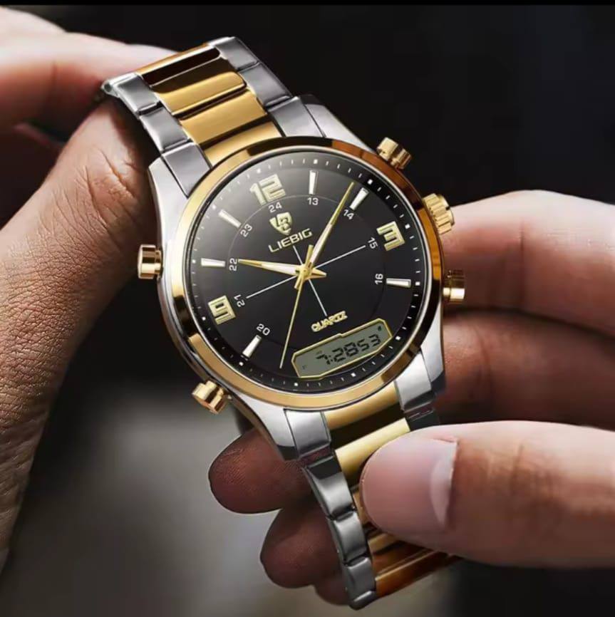 LIEBEG WATCHES DUAL WATCH WATER RESISTANT BATTERY POWERED STAINLESS STEEL ANALOG AND DIGITAL DISPLAY COMES A LIEBEG BRANDED BOX ENQUIRIES
