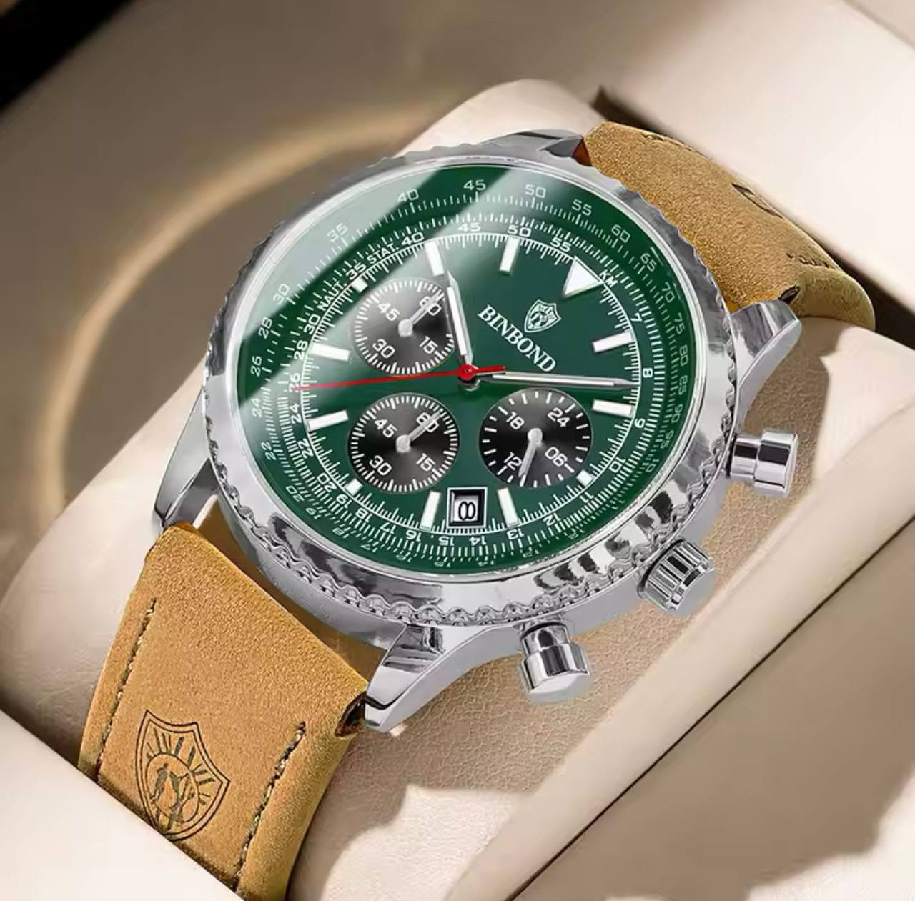 BINBOND CHRONOGRAPH CHRONOGRAPH DATE DISPLAY WATER RESISTANT BATTERY POWERED LEATHER STRAP AND ENQUIRIES