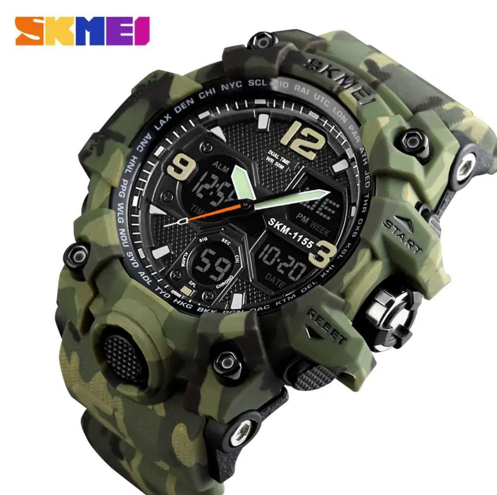 SKMEI 1155B CAMOUFLAGE 5ATM WATER RESISTANT LCD DIGITAL DISPLAY LIGHT BUTTON TIMER &ALARM TOUGH RUBBER MATERIAL CHRONOGRAPH SPORT WATCH AND ENQUIRIES
