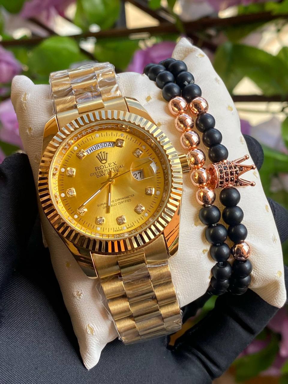 ROLEX X BANGLE DAY AND DATE DISPLAY BATTERY POWERED WATER RESISTANT STAINLESS STEEL ENQUIRIES