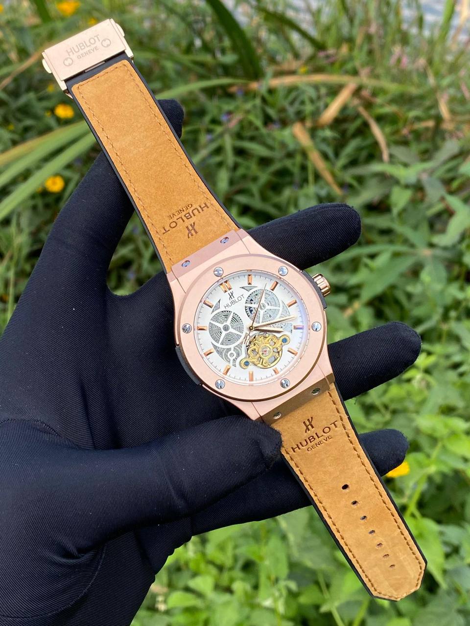 HUBLOT AUTOMATIC WATCH AUTOMATIC MOVEMENT SUEDE STRAP WATER RESISTANT TOURBILLON MACHINE AND ENQUIRIES