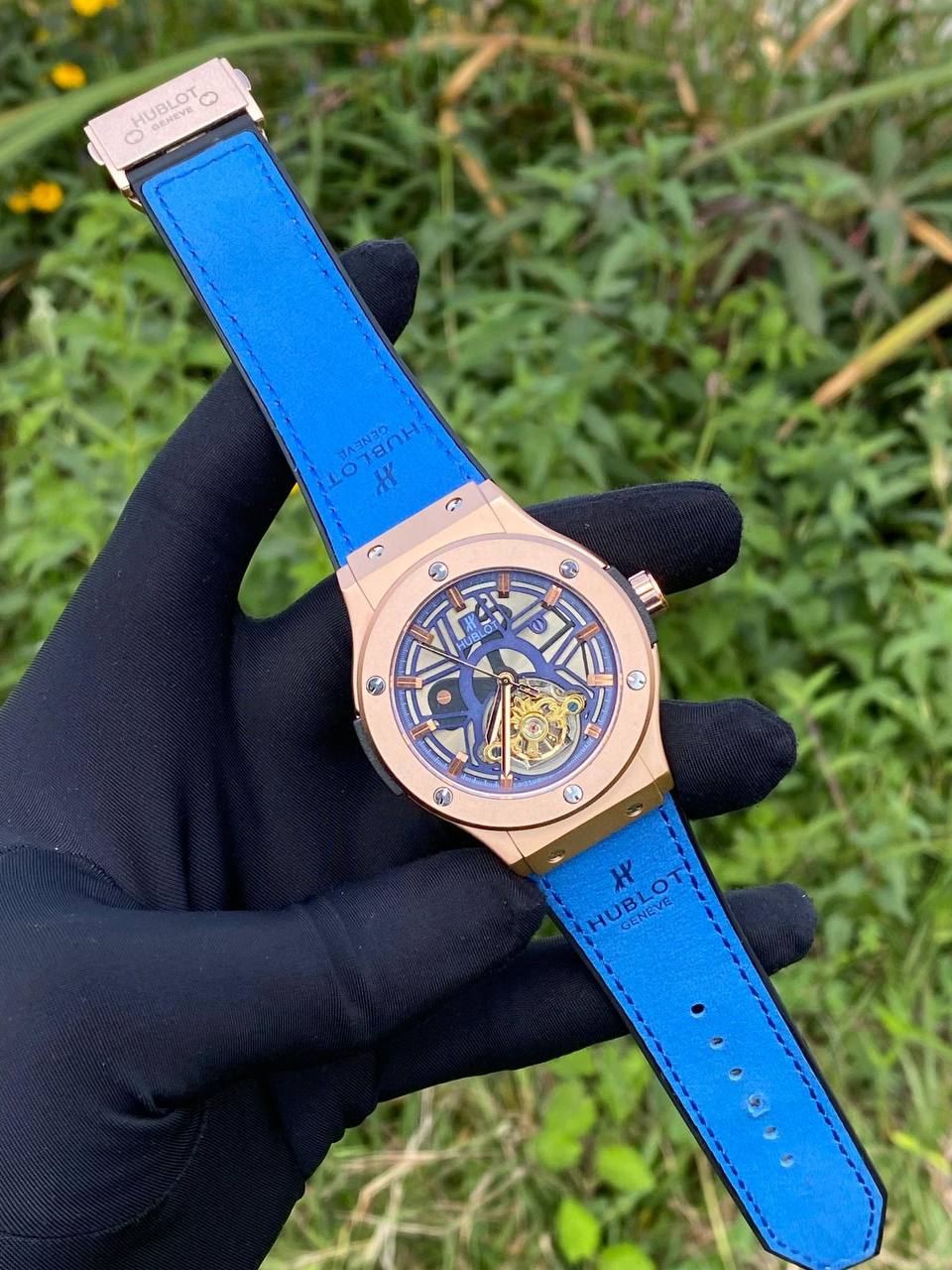 HUBLOT AUTOMATIC WATCH AUTOMATIC MOVEMENT SUEDE STRAP WATER RESISTANT TOURBILLON MACHINE AND ENQUIRIES