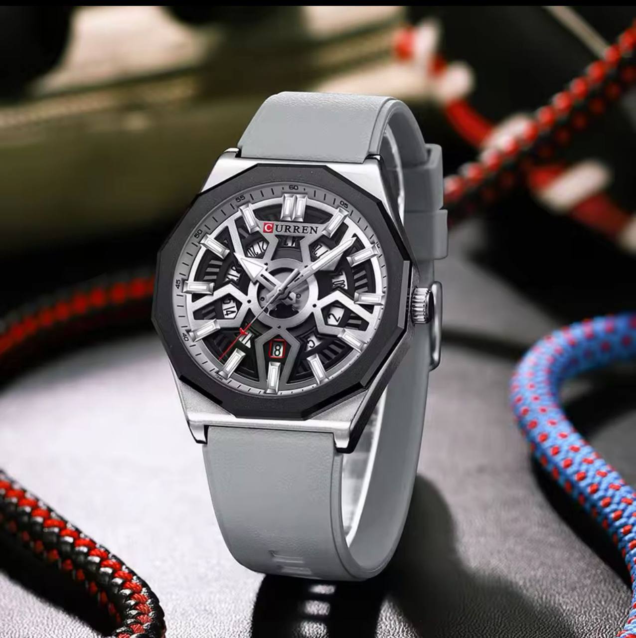 CURREN GENTS #8437 WATER RESISTANT BATTERY POWERED DATE DISPLAY LUMINOUS RUBBER STRAP CURREN BRANDED BOX @ ENQUIRIES