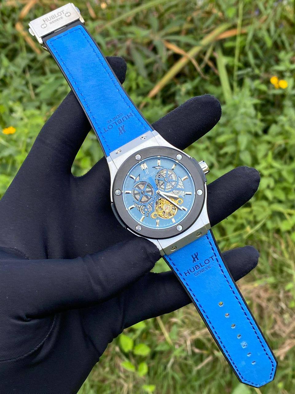 HUBLOT AUTOMATIC WATCH AUTOMATIC MOVEMENT SUEDE STRAP WATER RESISTANT TOURBILLON MACHINE AND ENQUIRIES