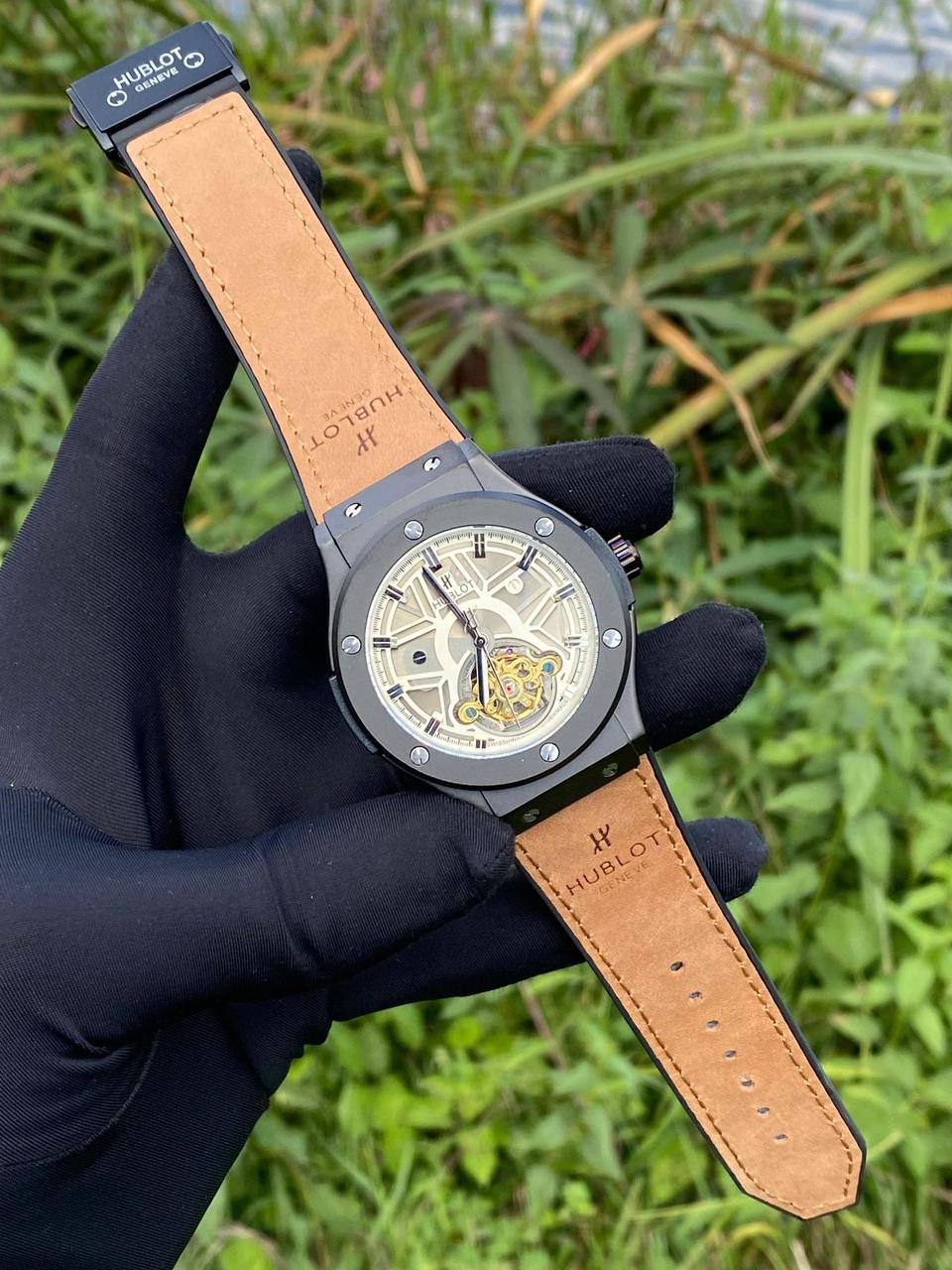 HUBLOT AUTOMATIC WATCH AUTOMATIC MOVEMENT SUEDE STRAP WATER RESISTANT TOURBILLON MACHINE AND ENQUIRIES