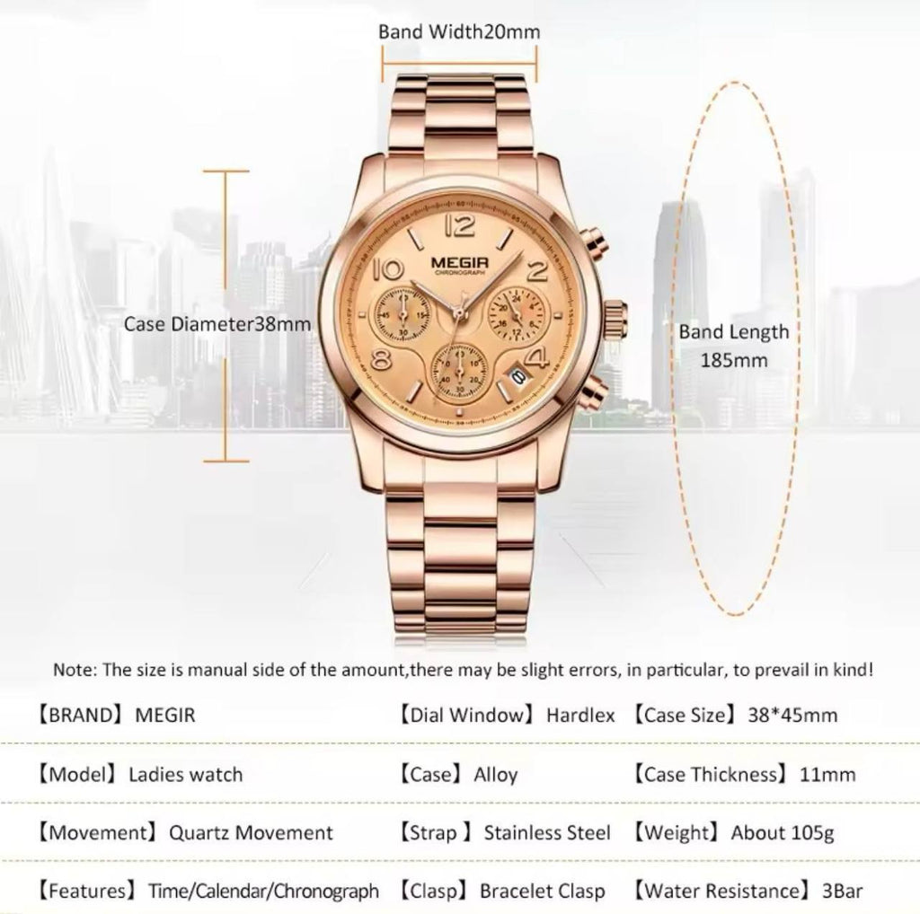 MEGIR CHRONOGRAPH WATCH FULL CHRONOGRAPH DATE DISPLAY NON FADE STAINLESS STEEL FINISH WATER RESISTANT AND ENQUIRIES