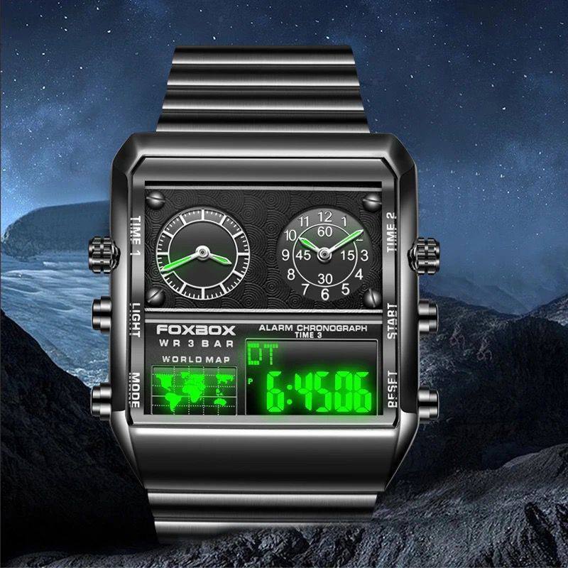 FOXBOX DUAL DISPLAY WATCH GOLD BLACK SILVER NIGHT GLOWING WORLD MAP ALARM LIGHT BUTTON WATER RESISTANT 3BAR BATTERY POWERED COMES A BRANDED BOX AND ENQUIRIES