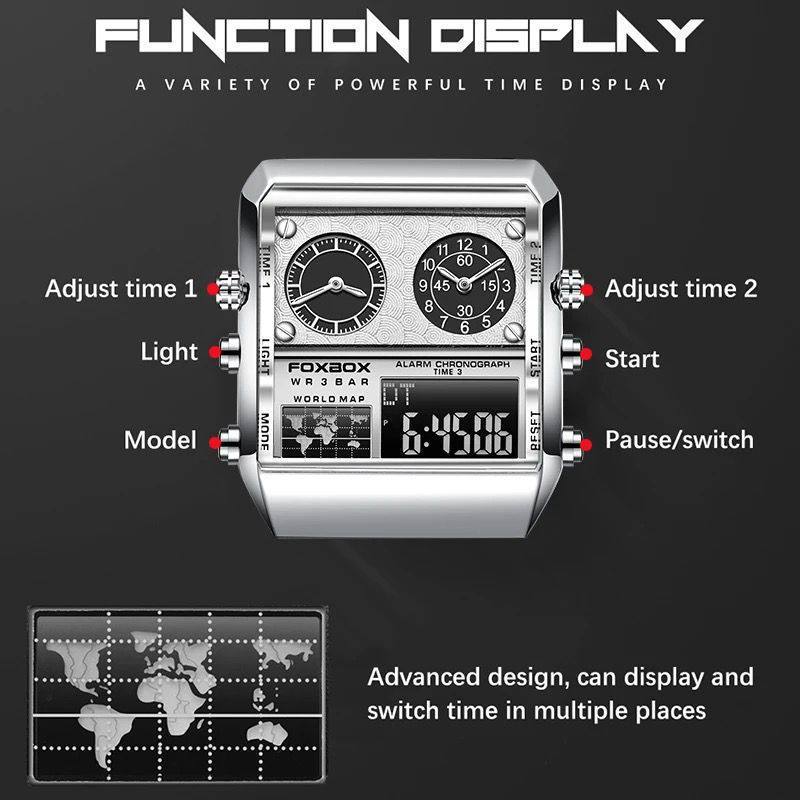 FOXBOX DUAL DISPLAY WATCH GOLD BLACK SILVER NIGHT GLOWING WORLD MAP ALARM LIGHT BUTTON WATER RESISTANT 3BAR BATTERY POWERED COMES A BRANDED BOX AND ENQUIRIES