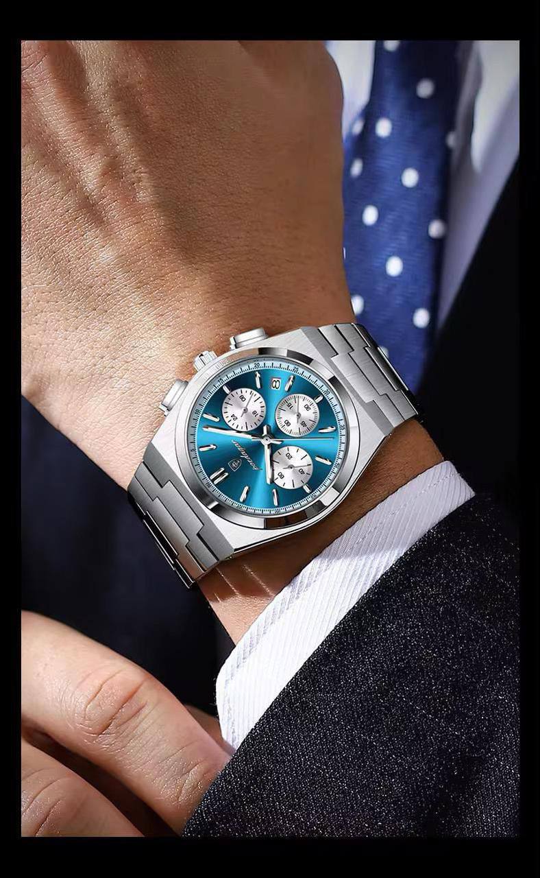 POEDAGAR CHRONOGRAPH DATE DISPLAY NON FADE STAINLESS STEEL DOUBLE CLASP LOCK FULL CHRONOGRAPH WATER RESISTANT $ ENQUIRIES