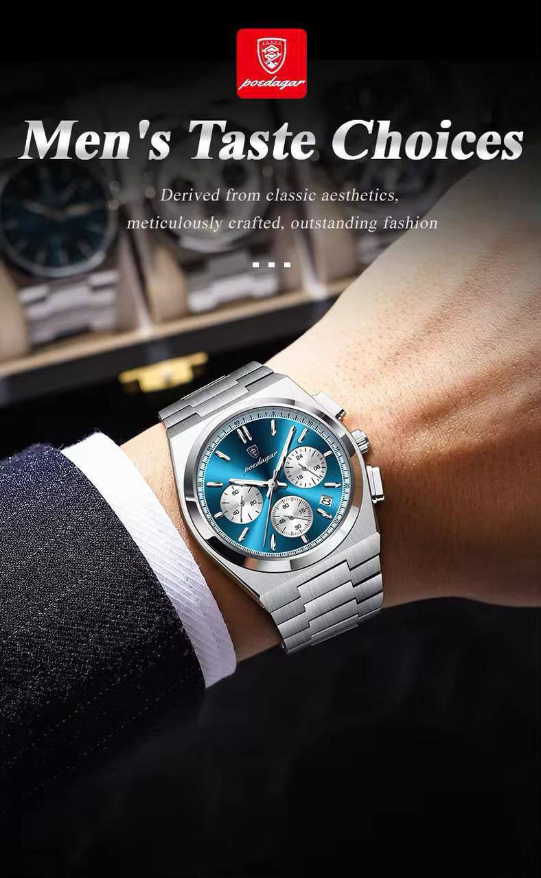POEDAGAR CHRONOGRAPH DATE DISPLAY NON FADE STAINLESS STEEL DOUBLE CLASP LOCK FULL CHRONOGRAPH WATER RESISTANT $ ENQUIRIES