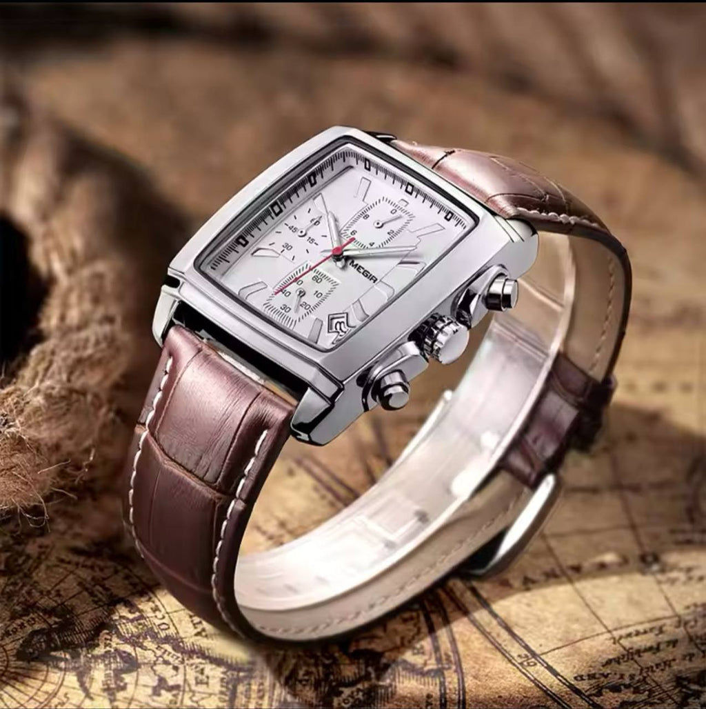 MEGIR LEATHER DATE DISPLAY BATTERY POWERED CHRONOGRAPH MOVEMENT LUMINOUS ARMS LEATHER STRAP AND ENQUIRIES 0712975996