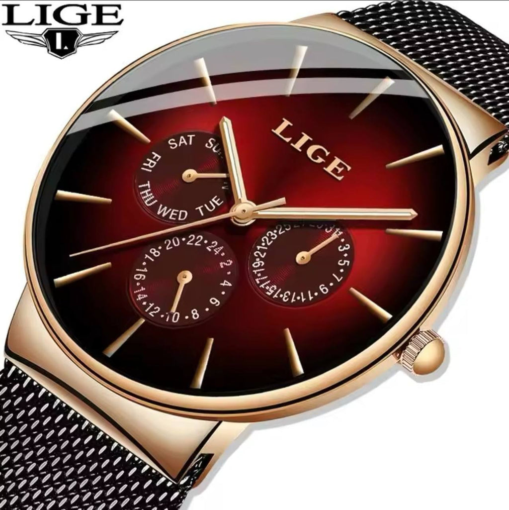 LIGE LG9936B FULL CHRONOGRAPH(DAY,24HRS,DATE) WATERPROOF 30M LUMINOUS HANDS ULTRA THIN DESIGN STAINLESS STEEL BAND(MESH STRAP) LIGE BRANDED BOX ENGRAVING SERVICES ENQUIRIES