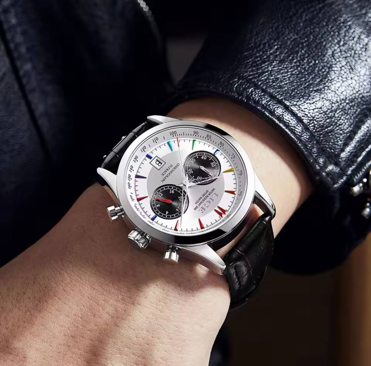 LIGE LG89128B CHRONOGRAPH DATE DISPLAY WATER RESISTANT 50 ATM LEATHER STRAP LUMINOUS FUNCTION ENGRAVING SERVICES ENQUIRIES