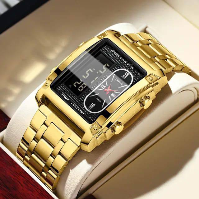 BINBOND DOUBLE TIME GENTS DIGITAL AND ANALOG TIME WATER RESISTANT STAINLESS STEEL STRONG LUMINOUS LED LIGHT SILVER GOLD BLACK ENQUIRIES