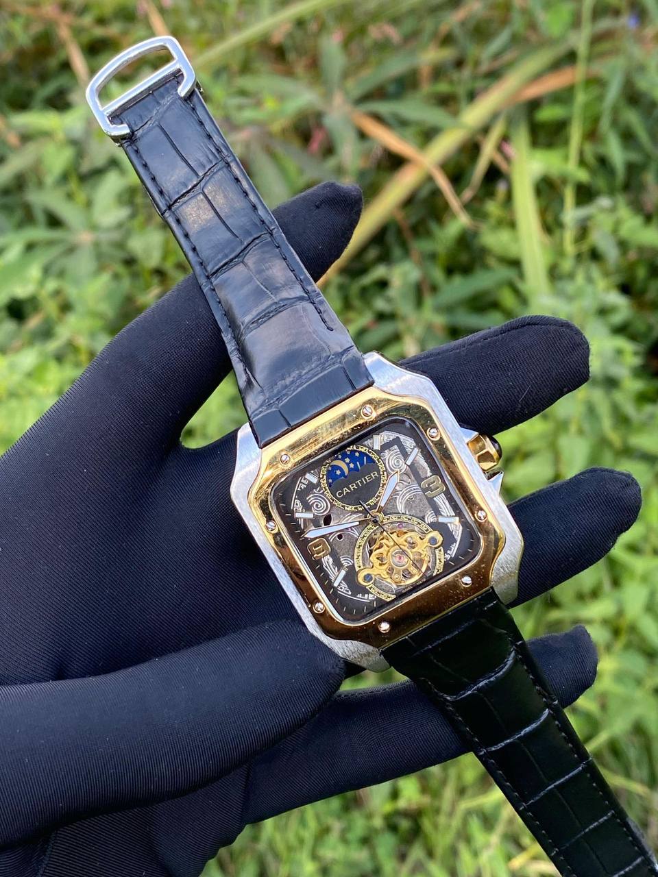 CARTIER AUTOMATIC LEATHER STRAP AUTOMATIC TOURBILLION MACHINE MOONPHASE DEPLOYANT CLASP AND ENQUIRIES