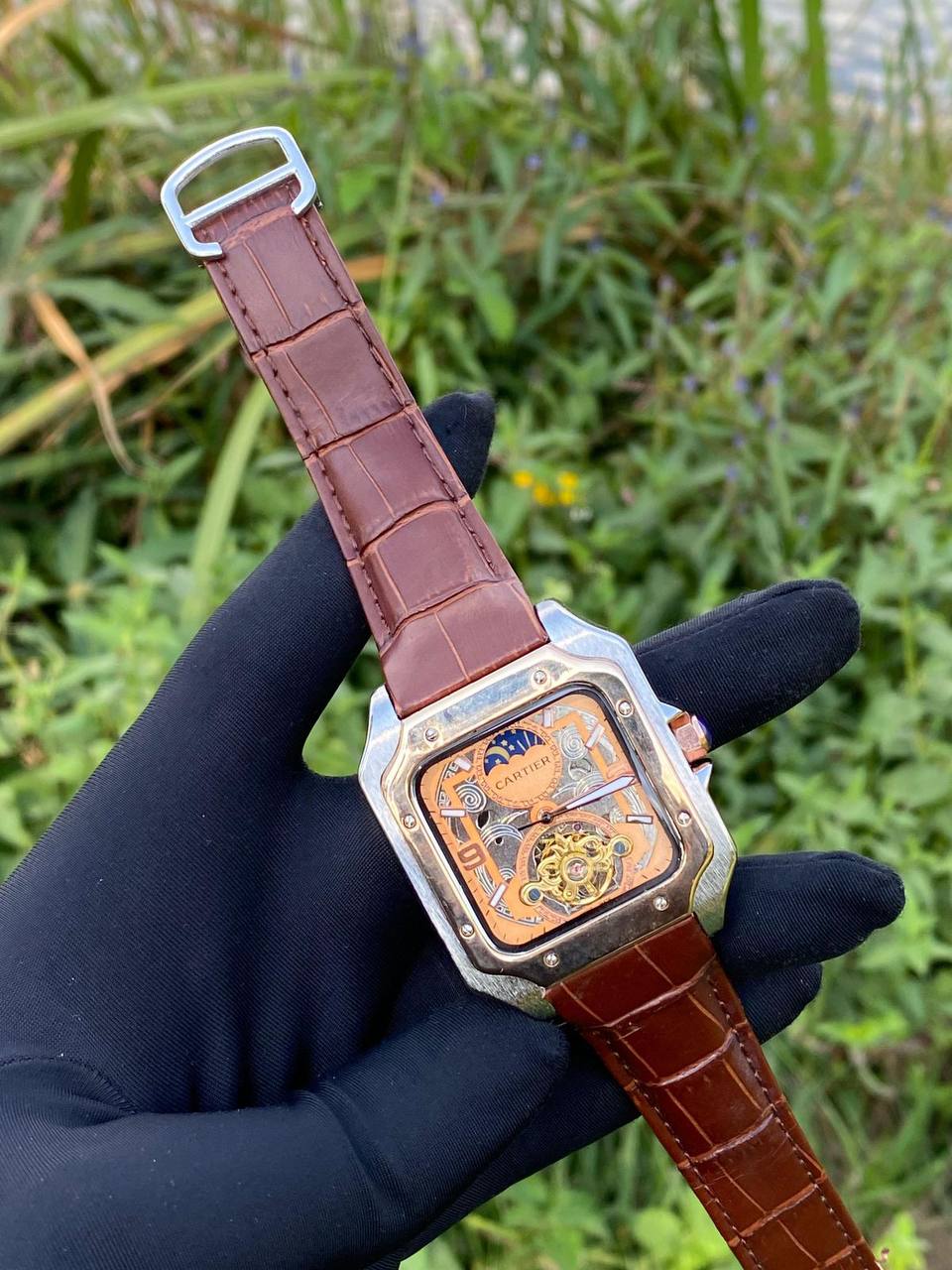 CARTIER AUTOMATIC LEATHER STRAP AUTOMATIC TOURBILLION MACHINE MOONPHASE DEPLOYANT CLASP AND ENQUIRIES