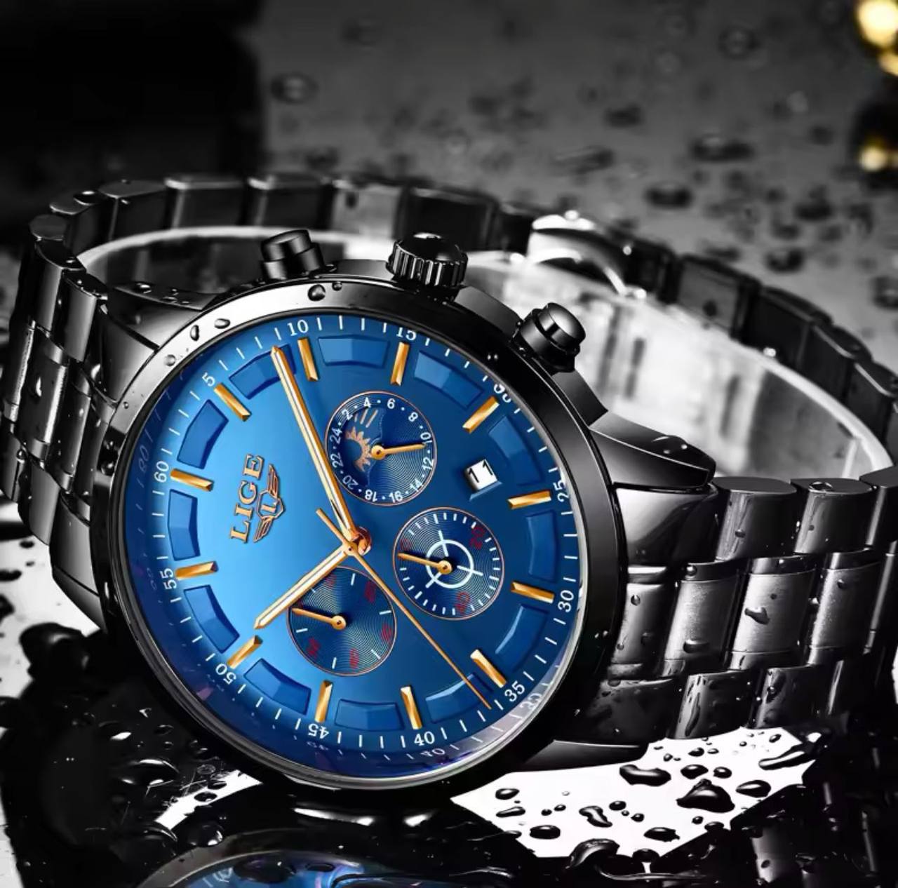 LIGE CHRONOGRAPH BLACK BLUE BATTERY POWERED CHRONOGRAPH MOVEMENT STAINLESS STEEL DATE DISPLAY MOON PHASE FUNCTION COMES A LIGE BRANDED BOX ORDER AND ENQUIRIES