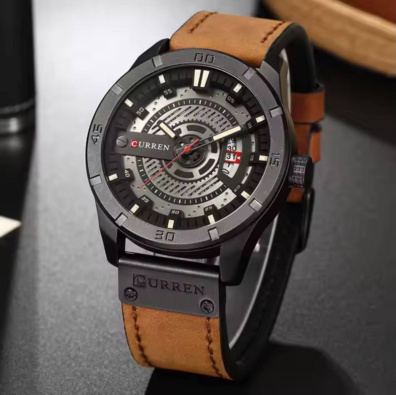 CURREN GENTS 8301 BATTERY POWERED DATE DISPLAY WATER RESISTANT ENGRAVING SERVICES PER WORD ,300 LOGO CURREN BRANDED BOX ENQUIRIES