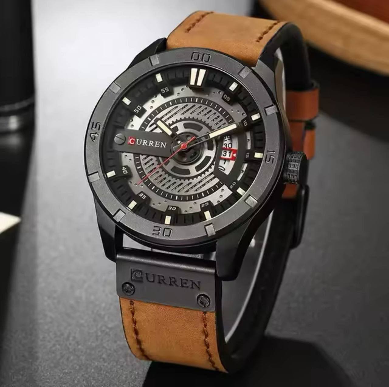 CURREN GENTS 8301 BATTERY POWERED DATE DISPLAY WATER RESISTANT ENGRAVING SERVICES PER WORD ,300 LOGO CURREN BRANDED BOX ENQUIRIES