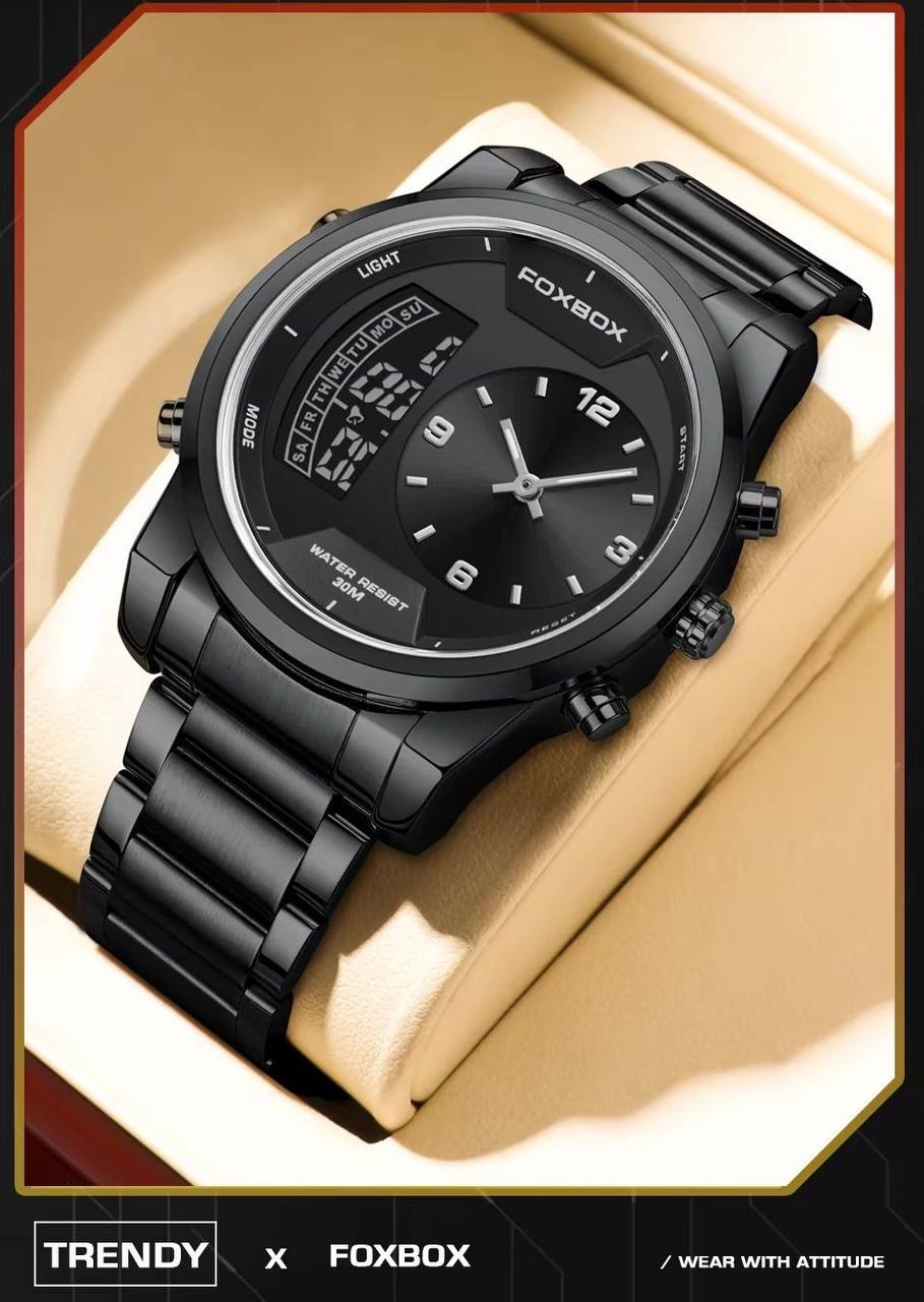 FOXBOX FB0058E STOP WATCH ALARM DAY AND DATE DISPLAY BACKLIGHT 12/24 HRS FORMAT WATERPROOF TO 30 METERS ENGRAVING SERVICES ENQUIRIES